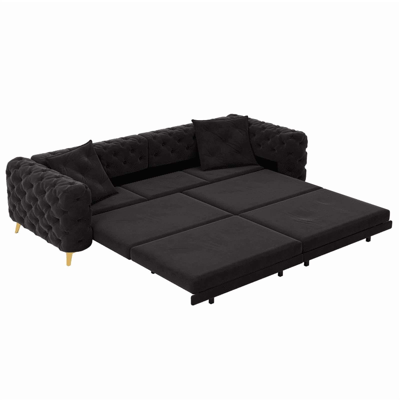 3-in-1 Convertible Sleeper Sofa Bed, 97.7'' 4-Seater Velvet Couch with Pull Out Bed & Movable Ottoman, Deep Seat Tufted Futon for Living Room, Apartment & Office