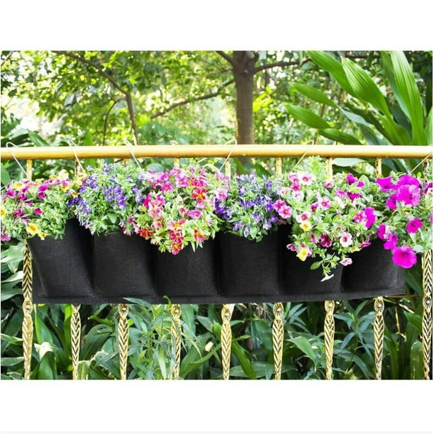 Bolsa de plantación vertical, bolsa para plantas de pared de jardín, macetero colgante para balcón, maceta colgante para interior y exterior, 6 bolsillos (negro)