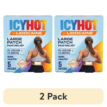 (2 pack) Icy Hot Lidocaine Pain Relief Patches, Numb Aggravated Nerves With Max Strength Lidocaine 4% and Menthol 1%, Fast-Acting Pain Relief for Minor Pain, Backaches, Sprains and Strains, 5 ct.