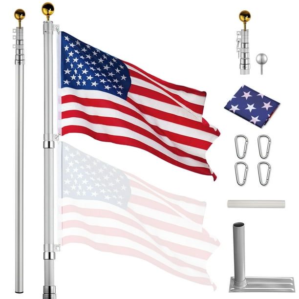 Yescom Mât de drapeau télescopique en aluminium de 7,6 m + kit de support  de pneu de roue avec drapeau américain de 9,1 x 1,5 m et télescopage  supérieur 