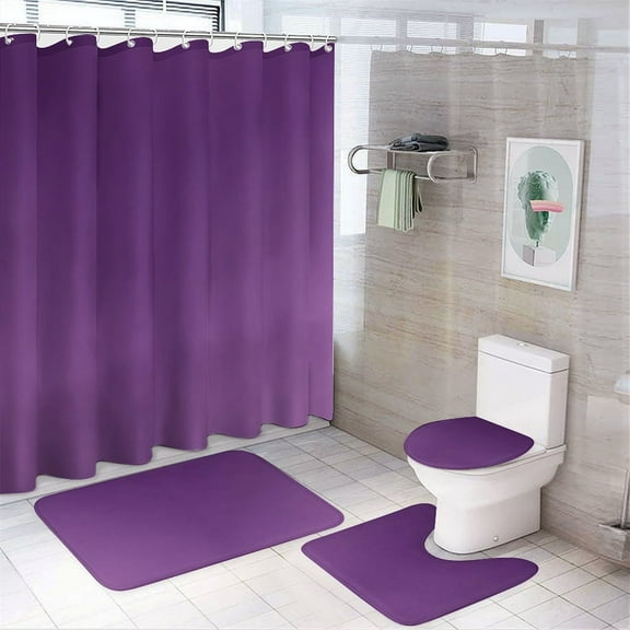 Dark Purple Gradient 4 Pcs Bathroom Shower Curtain Set, Bathroom Sets with Rugs (Bath Mat, U Shape and Toilet Lid Cover Mat) and 12 Hooks,