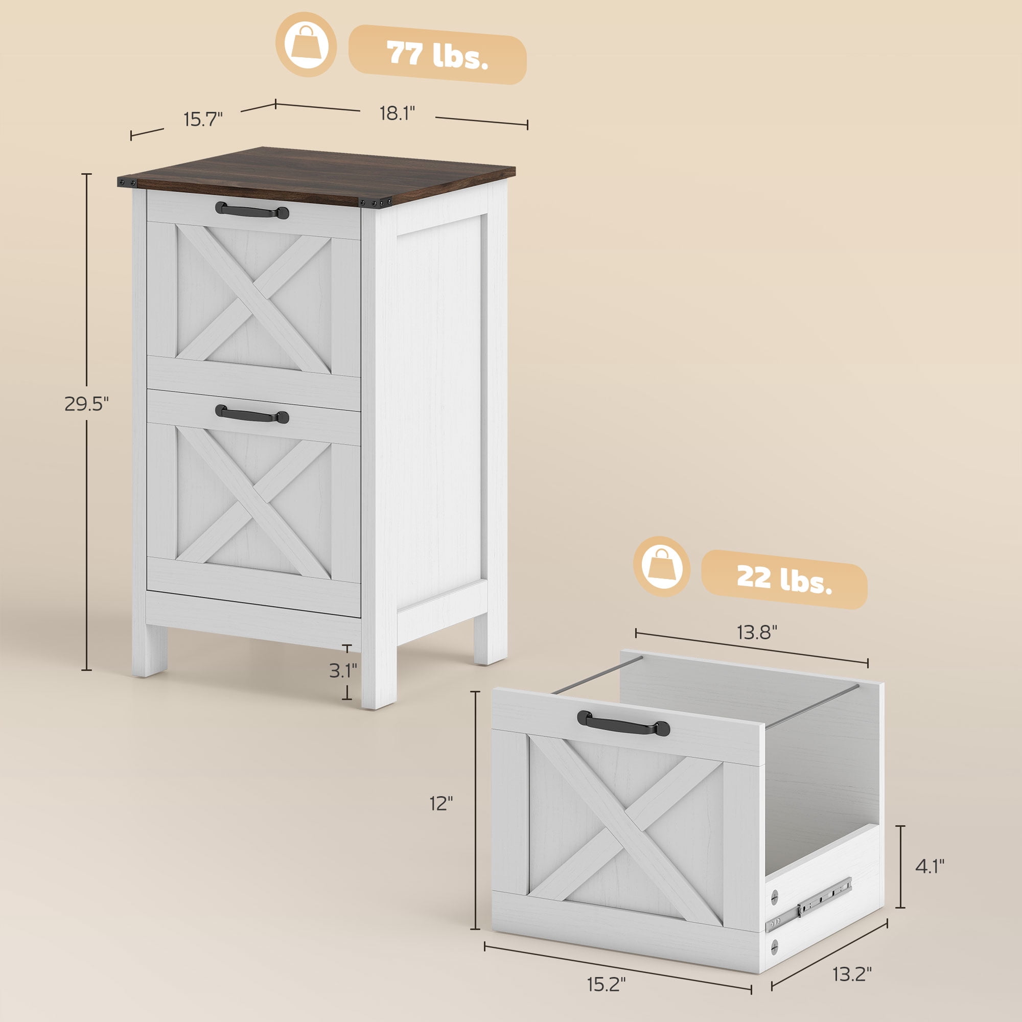 HOMCOM 2 Drawer Vertical File Cabinet with Silent Slides, Farmhouse Filing Cabinet with Barn Doors for A4/Letter Size, Printer Stand, Distressed White