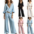 thumbnail image 2 of Women's Dressy Linen 2 Piece Outfits - Long Sleeve V Neck Top with Wide Leg Pants Elegant Business Casual Sets, 2 of 6