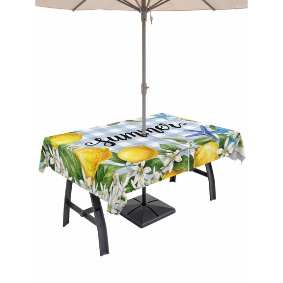 Outdoor Tablecloth with Umbrella Hole for Patio/Picnic/Party/Camping, Summer Lemon Waterproof Table Cloth Rectangle Table Cover Washable, Coastal Starfish Shells Pastoral Floral Blue Plaid (54"x 80")