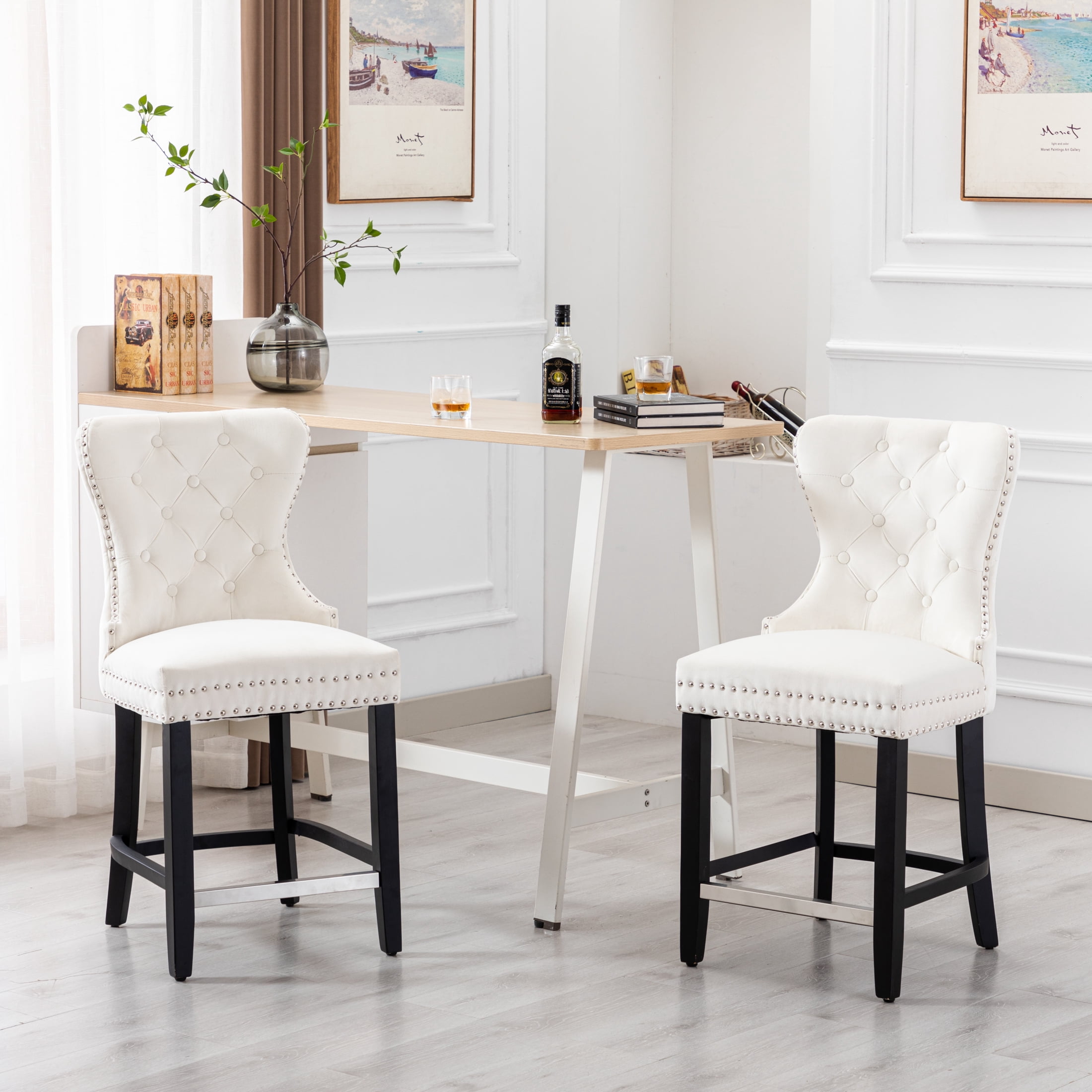 Westin Outdoor 24" Tufted Velvet Bar Stool (Set of 2), Black/Velvet Cream