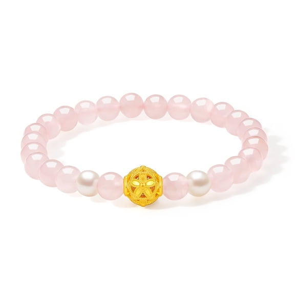 ZHOU LIU FU 24K Pure Gold Pink Beaded Bracelets Real Gold Ball Rose Quartz Bracelet White Pearl Dainty Jewelry for Women Mother Lover Her Anniversary Birthday