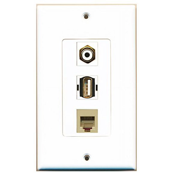RiteAV - 1 Port RCA White and 1 Port USB A-A and 1 Port Phone RJ11 RJ12 Beige Decorative Wall Plate Decorative