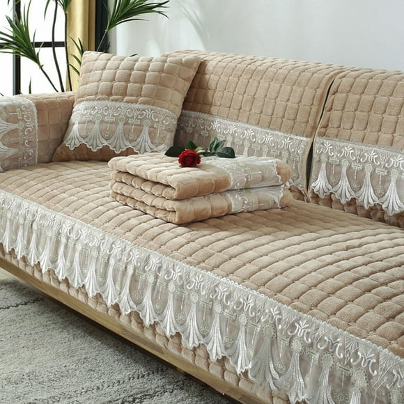 REK Soft Flannel Sofa Cover With Lace Trim Stretchable Couch Protector For Living Room Furniture Comfortable And Durable