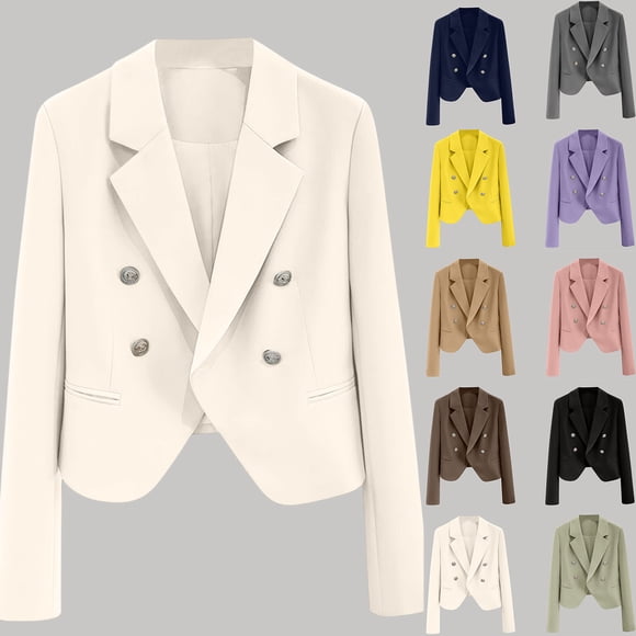 Feancey Cropped Suit Jackets for Women Long Sleeve Double Breasted Blazers Open Front Notch Lapel Casual Office Work Jacket Navy S