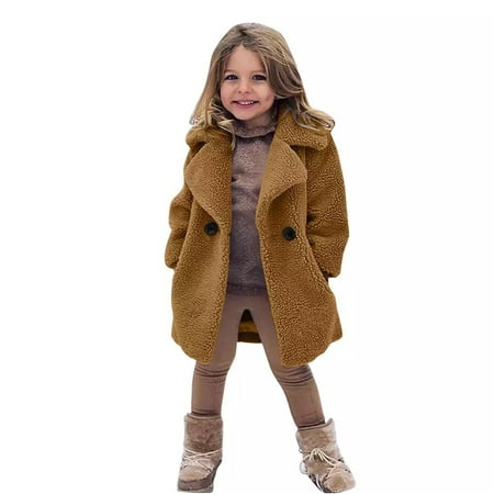 

purcolt Toddler Kids Girls Fleece Jacket Coat Fall Winter Warm Winderproof Faux Fur Coat Cardigan Lapel Collar Solid Color Long Outerwear with Pockets Savings on Clearance