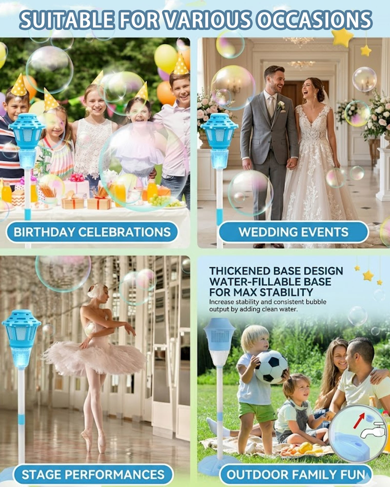 Automatic Handheld Bubble Machine, Outdoor Standing Light up Bubble Blower, Electric Stand up Bubbles Maker with Lights Music, Rechargeable for Party Wedding Play, Adjustable Height