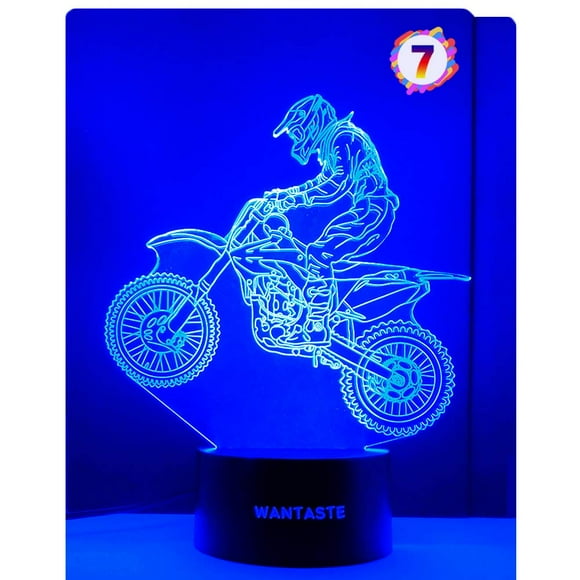 WANTASTE Motocross 3D Lamp gifts for Boys girls Room, Dirt Bike Decor Toys Night Light Bedside gifts for Kids Baby, 7 colors changing Nightlight with Battery Backup and Smart control