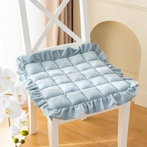 Xiao Hua Cojines cuadrados de felpa suave y esponjosa para silla de comedor, cocina y oficina. Antideslizantes, mullidos, con volantes y lazos (azul, 45 x 45 cm).