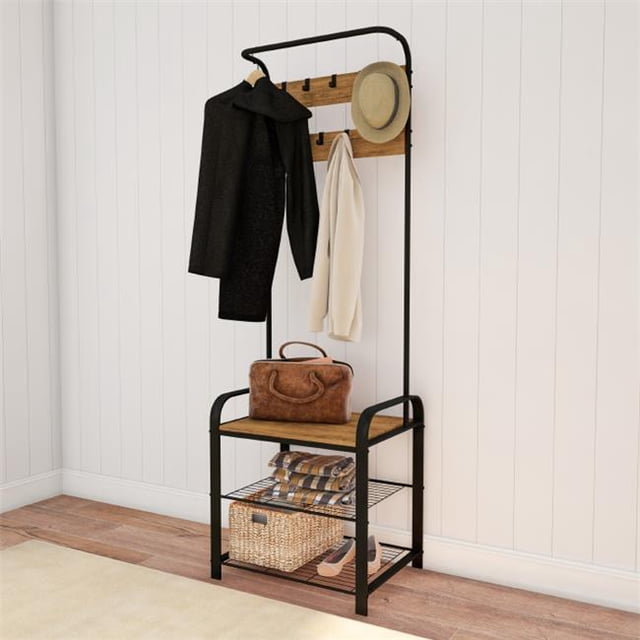 Banc de Rangement en Métal avec 9 Crochets et 2 Étagères - Aspect Grain de Bois Rustique & Noir