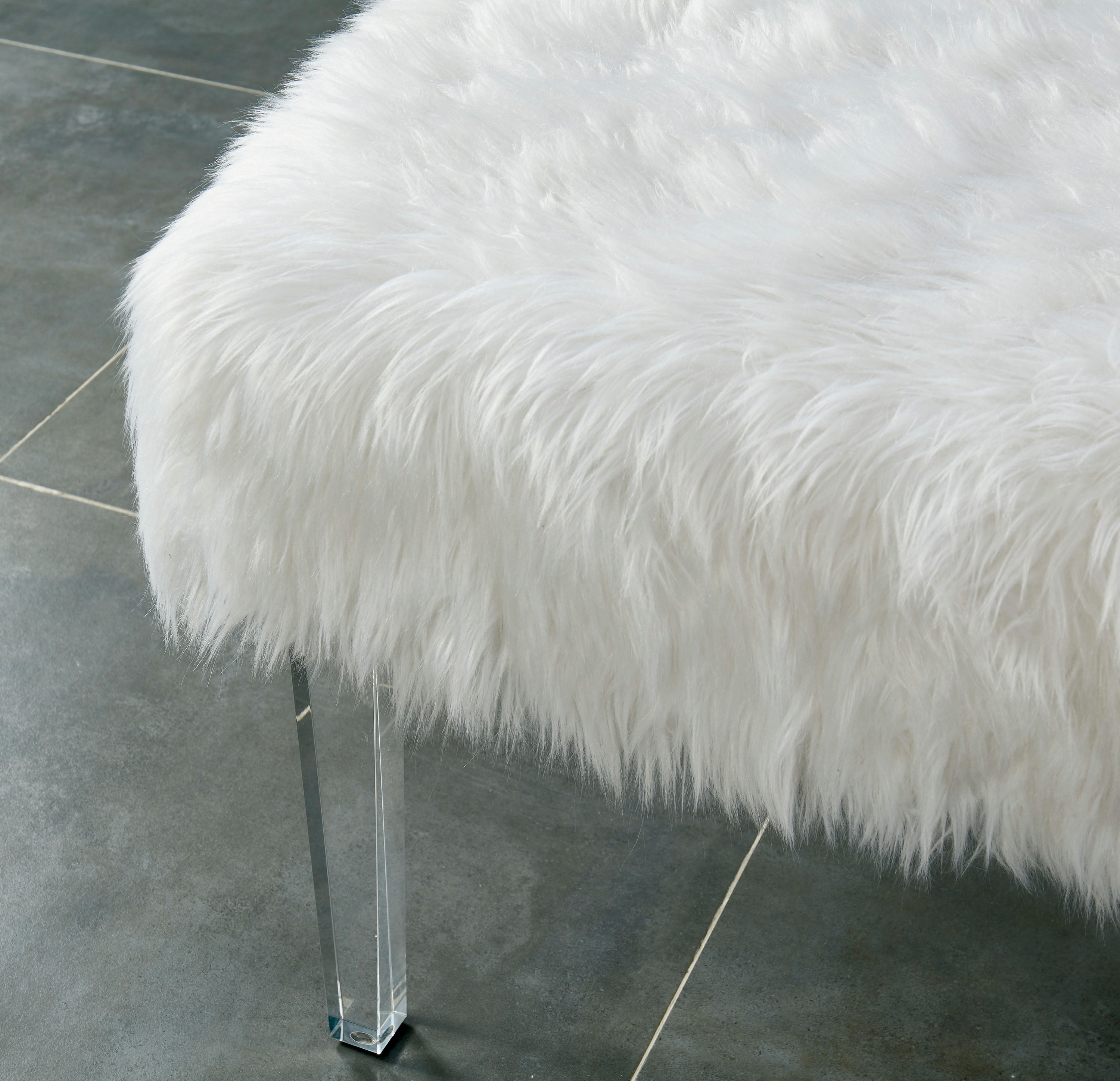 Raven I Contemporary Faux Fur Acrylic Ottoman, White