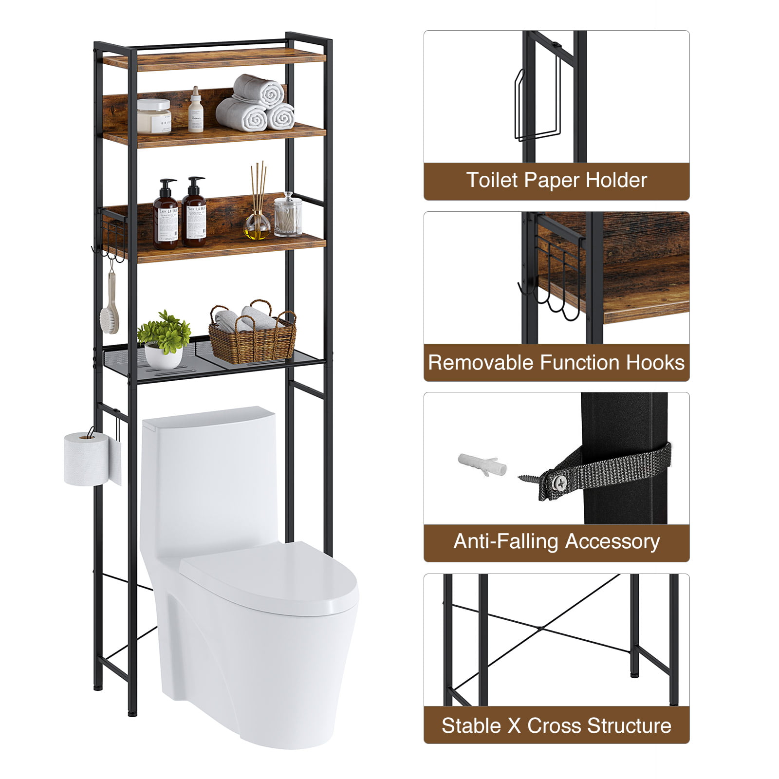 Soges 4-Tier Over the Toilet Storage Rack 68 inch Freestanding Bathroom  Shelf, Space Saver Bathroom Shelf, Brown