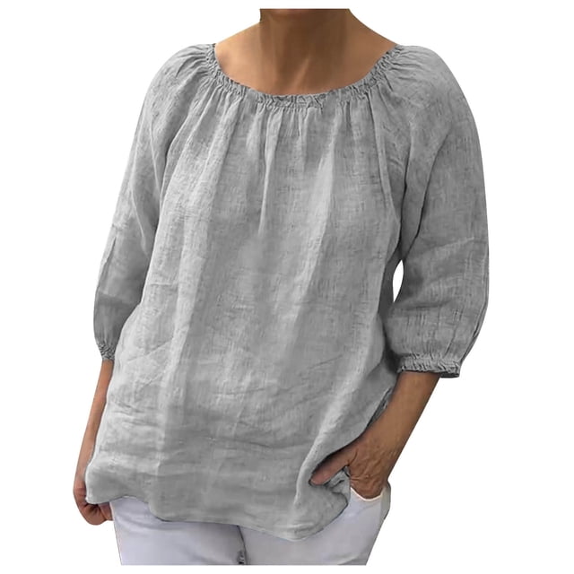 AherBiu Hauts Grande Taille pour Femmes Manches 3/4 Chemises d'Été en Coton et Lin Décontractées Coupe Ample Col Rond