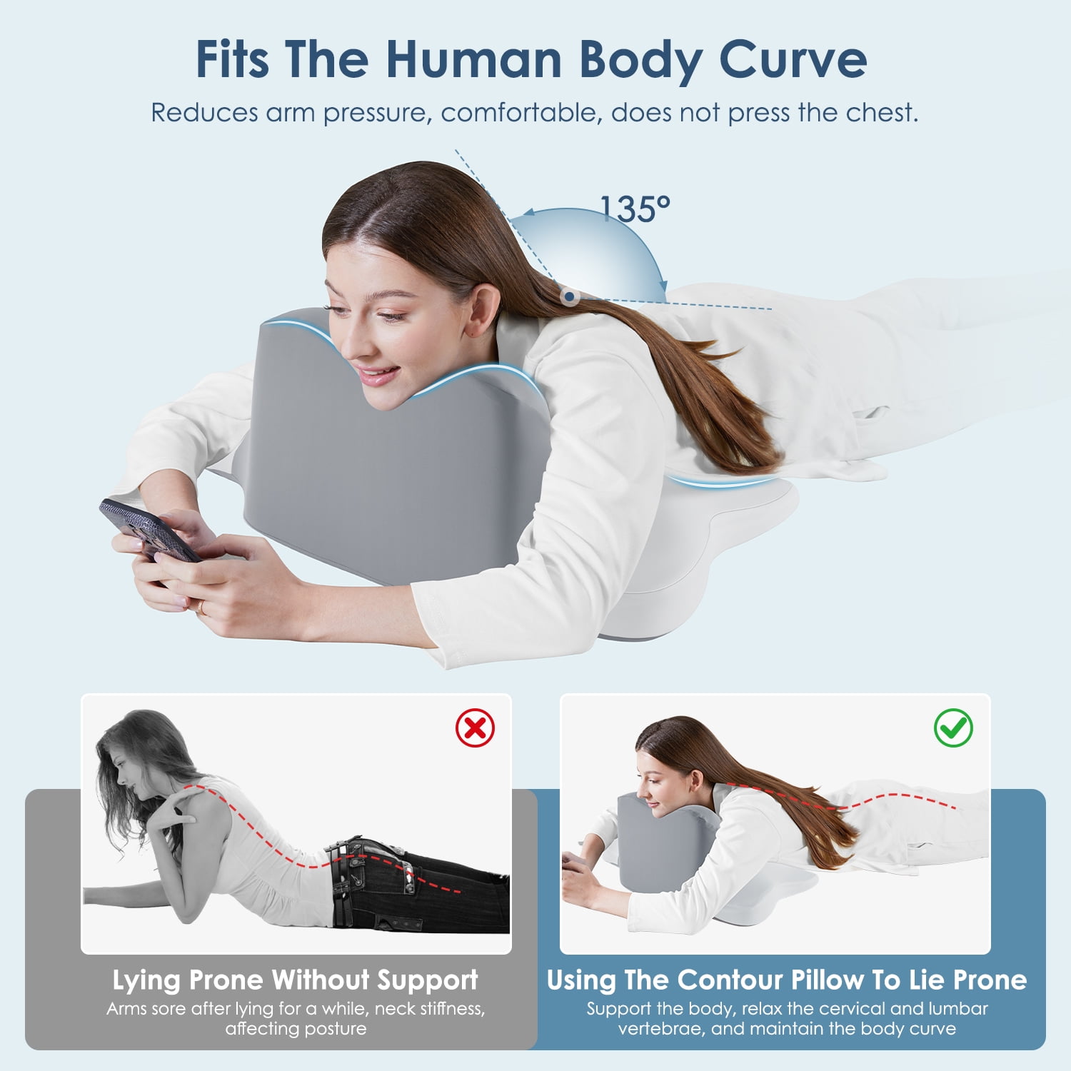 MOONORAH Wedge Pillow, Reading Pillow for Bed, Lying, Leaning and Prone, Ergonomic Memory Foam Bed Wedge Pillow for Headboard, Chin & Back Support Pillows on Bedrest Couch Floor, Grey