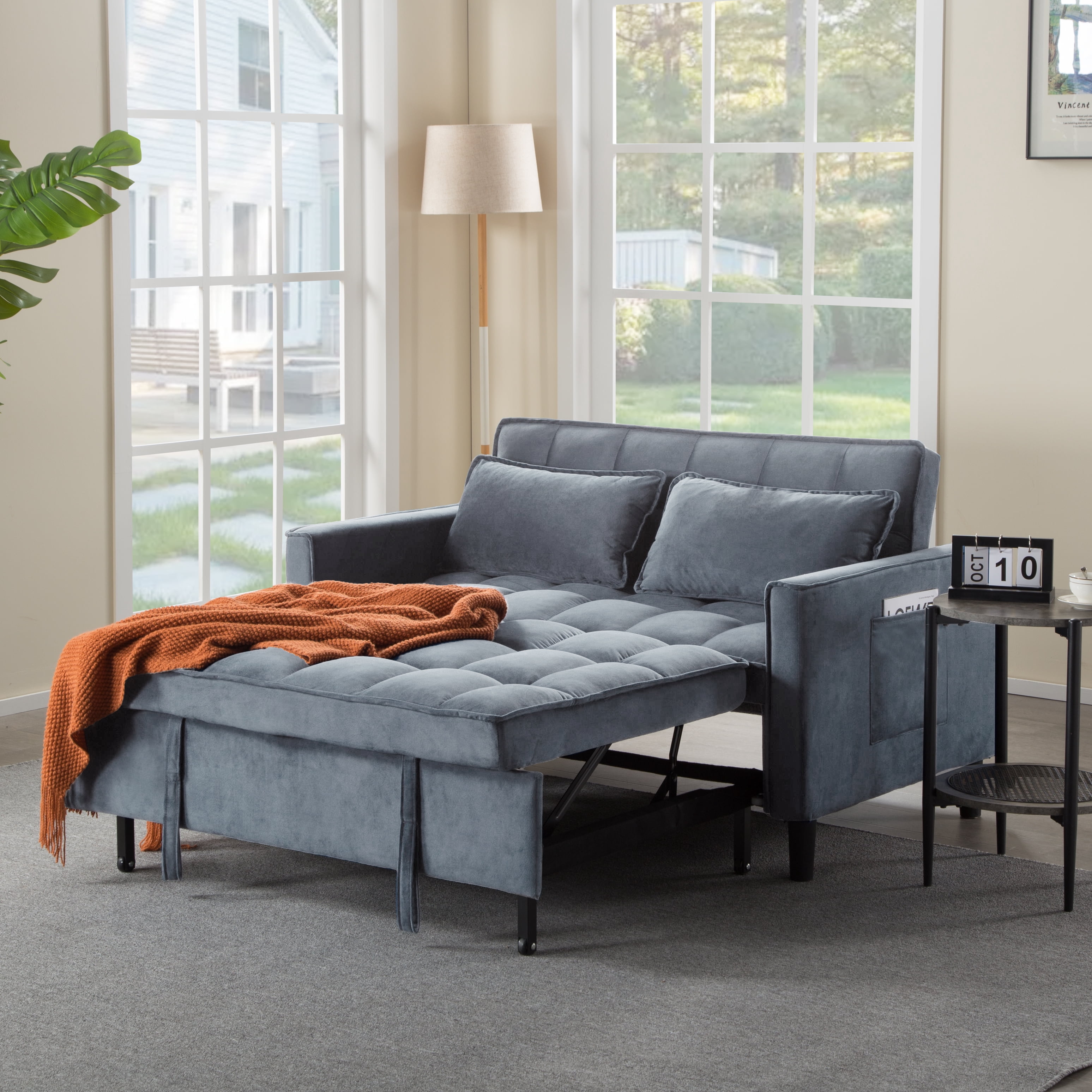 Gewnee 53.94”Convertible Sofa Bed,Pull-Out Sleeper Loveseat with 3 Angle Reclining & Storage Pocket,Futon Sofa for Small Space & Guest Room.Dark Grey