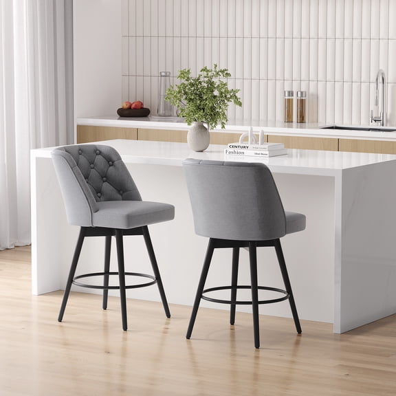Garvee Linen Swivel Bar Stools Set of 2, Mid-Century Modern Counter Height Bar Chairs with Backrest and Upholstered Seat