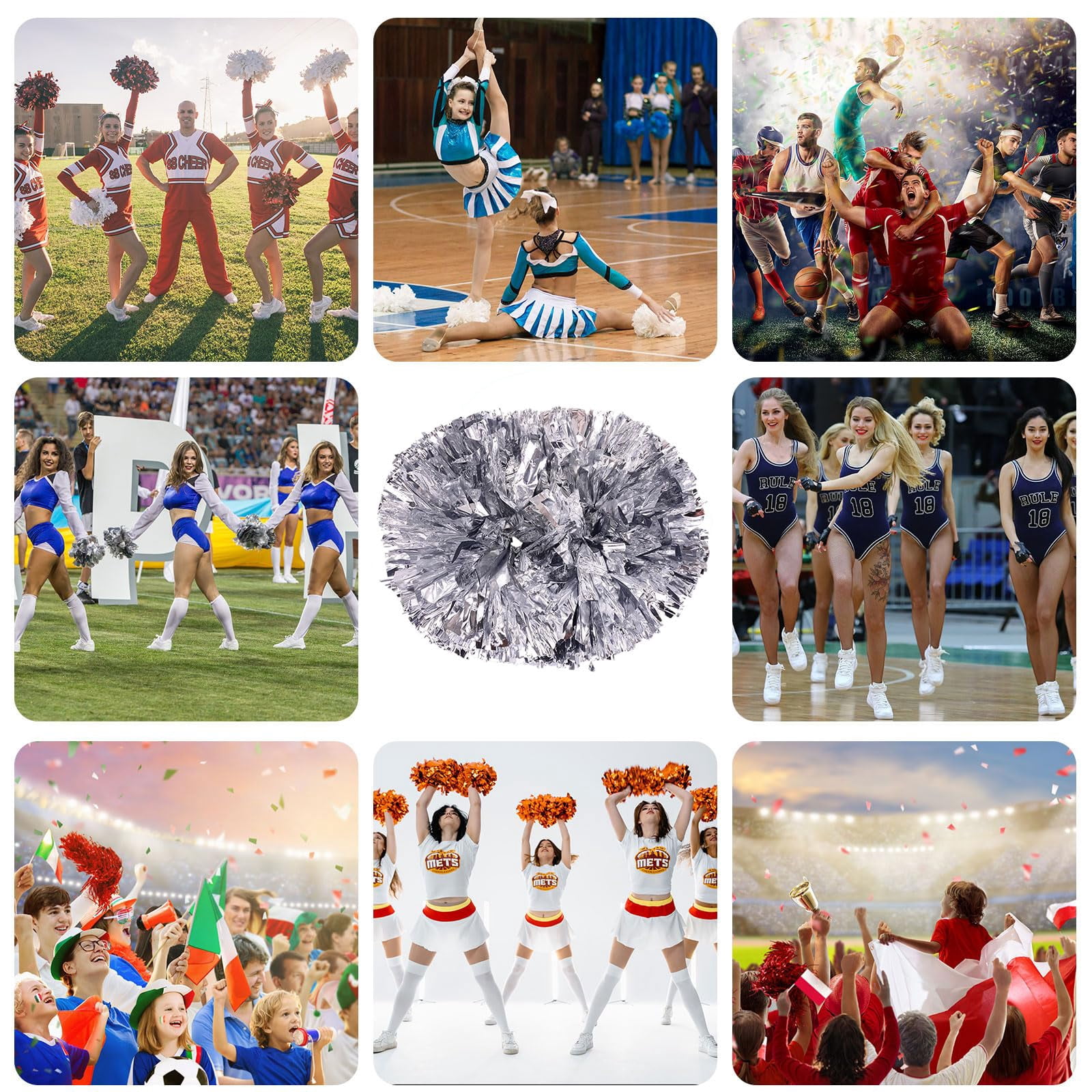 Pom Poms Cheer 18 Pcs with Handle, Cheerleading Handheld Squad Pompoms for Sports Team Spirit Games Dance Party Adults