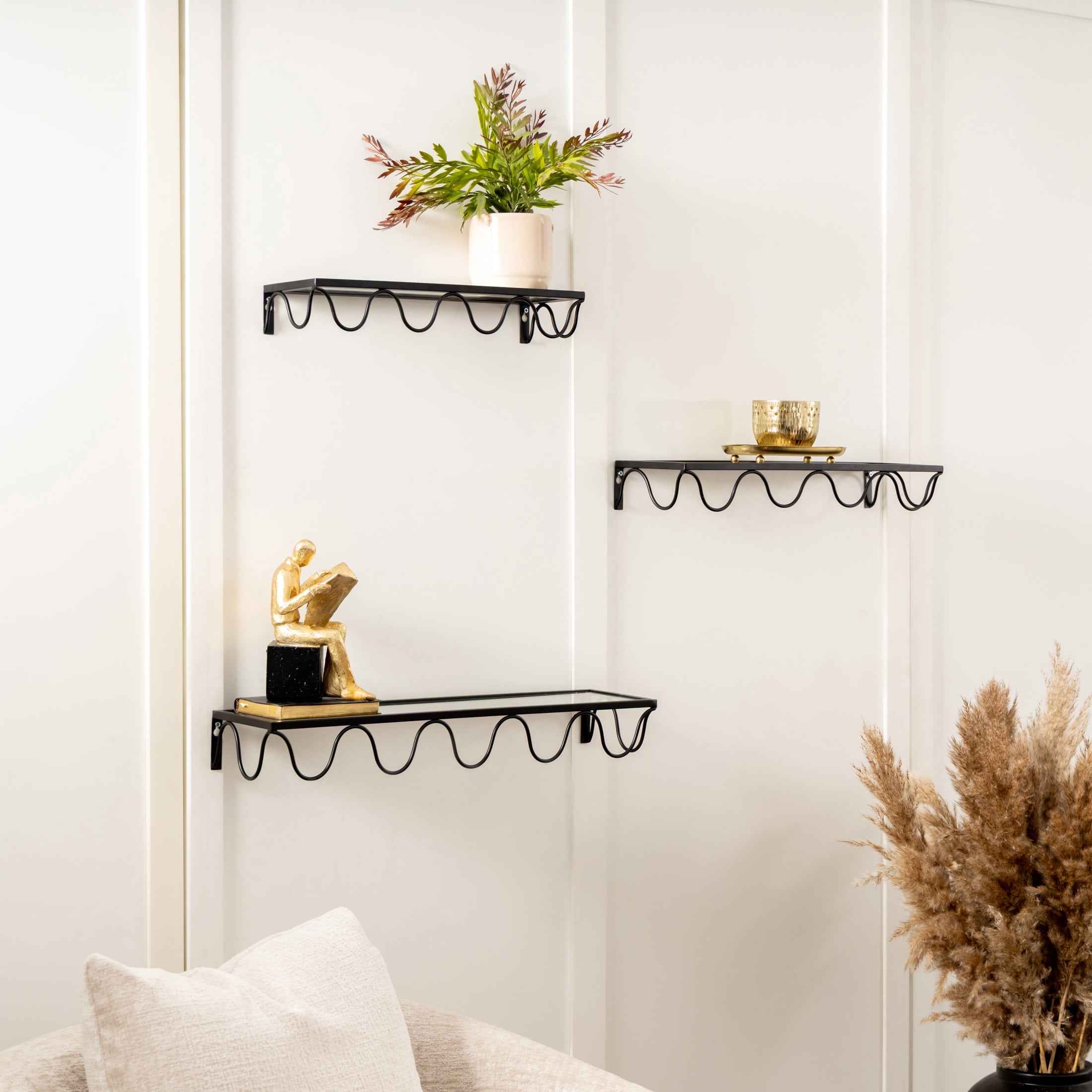 DecMode 24", 20", 17"W 1-Tier Black Wall Shelf with Metal Frame (3 Count)