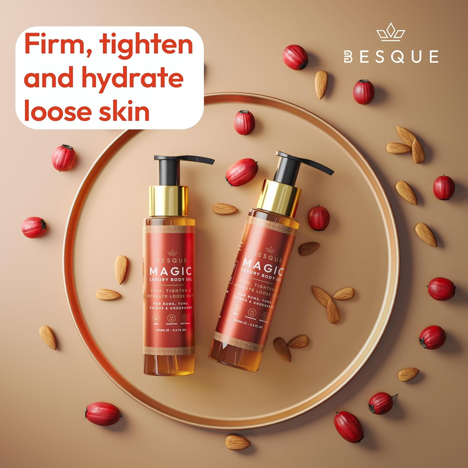 Besque Magic Body Oil, 3.4 FL OZ, After Shower Body Oil For Women, Hydrating Skin Care For Full Body That Plumps, Tightens, and Firms Skin With Natural Ingredients, Luxury Spa Gifts - Pack of 4