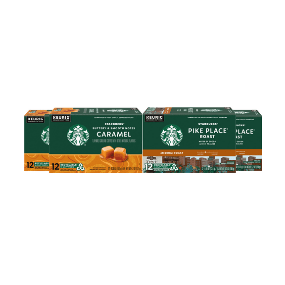 Starbucks Medium Roast Keurig K-Cup Coffee Pods, Variety Pack, Pike Place Roast, Caramel, 48 Count