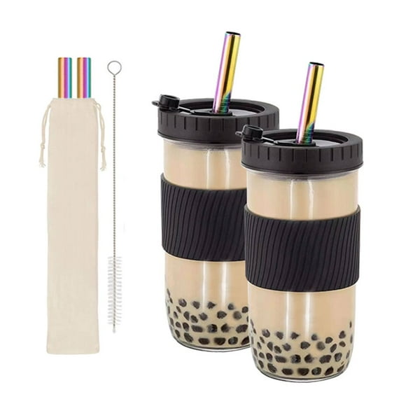 Bubble Tea Cup with Straw 24 Oz Pack of 2 Reusable Mason Jar Milkshakes Juices Smoothies Beers Pink