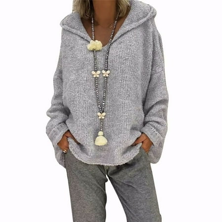 Akoyovwerve Akoyovwerve Winter Women Hooded Knit Sweater V Neck