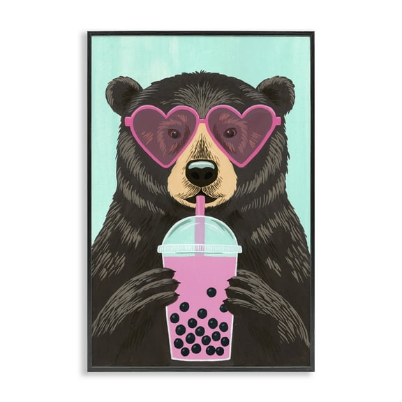 Stupell Industries Bear And Bubble Tea Black Framed Giclee Art, design by Courtney Haley, 18 x 12