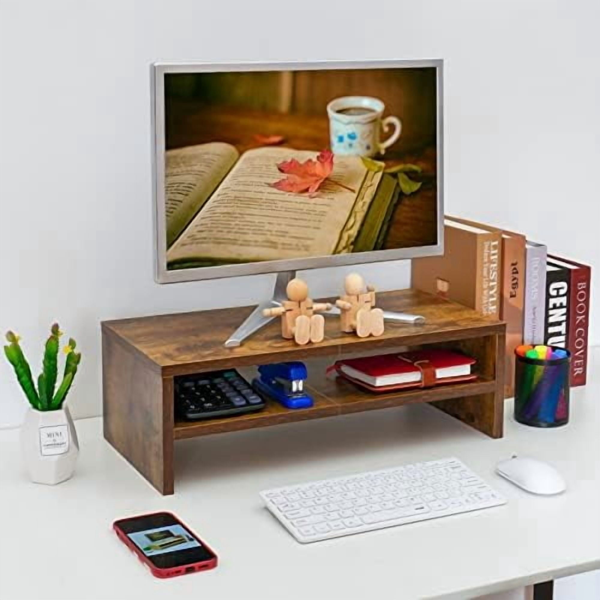 2 Tier Wooden Monitor Riser Stand, Desktop Stand with storage for Laptop/PC/Printer/Keyboard, TV Stand Shelf Home Office Desk Accessories