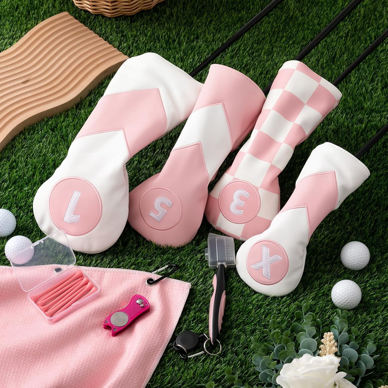 16 Piece Golf Accessory Set with 4 Leather Club Headcovers for Woods, Drivers & Hybrids, Magnetic Ball Marker, Tees and Cleaning Brush for Men & Women