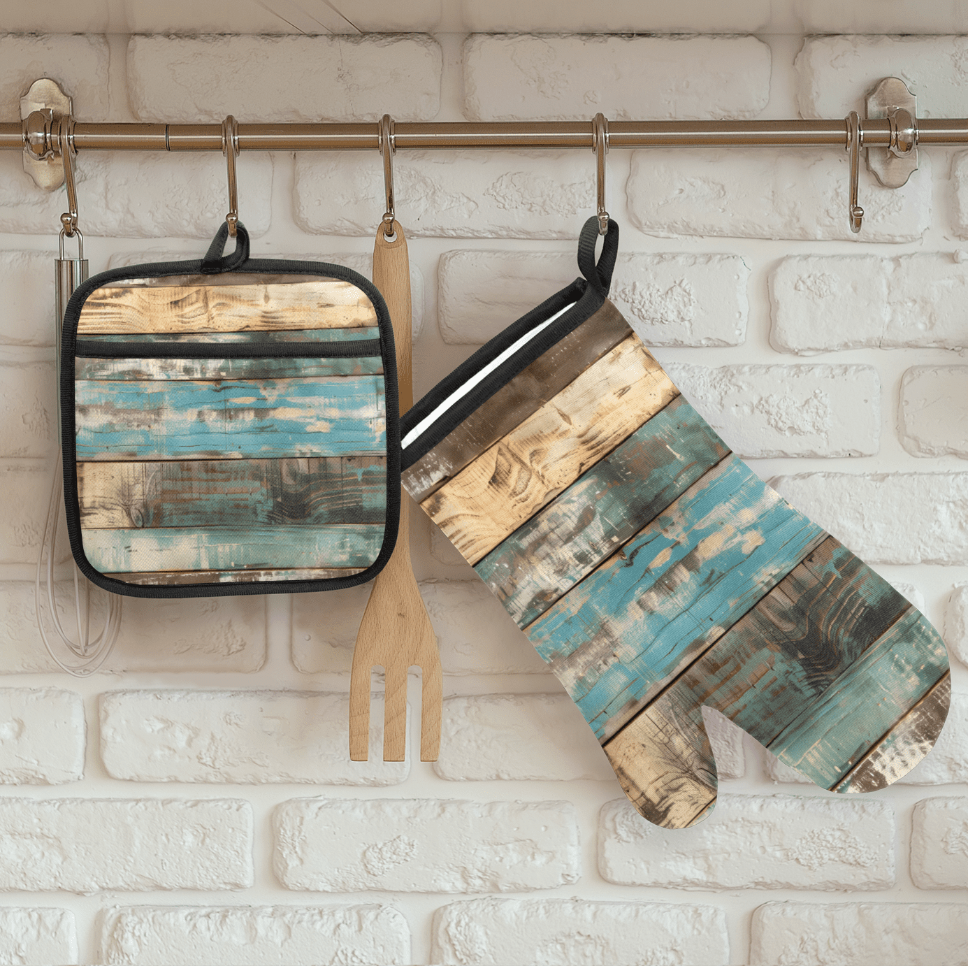 CURLYOOT Wooden Farm Vintage Oven Mitts and Pot Holders Sets of 2, Non-Slip Washable Hot Pads and Oven Gloves for Kitchen Cooking Baking
