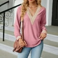 thumbnail image 6 of Womens V-Neck Long Sleeve Tops Solid Color Lace Patchwork Pullover Trendy Loose-Fit Vintage Blouse, 6 of 7