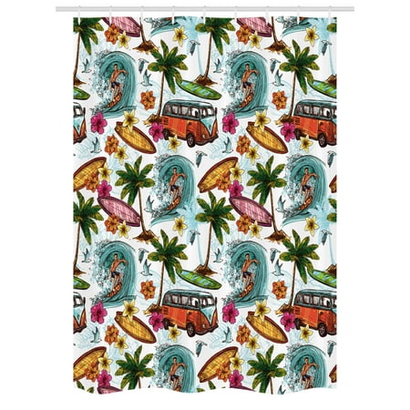Ocean Stall Shower Curtain Hawaiian Surfer On Wavy Deep Sea Retro Ocean Stall Shower Curtain Hawaiian Surfer On Wavy Deep Sea Retro Style Palm Trees Flowers