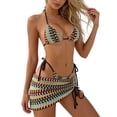 thumbnail image 2 of FASHOFT Thong Bikini Sets for Women Halter Knitted 3 Piece Swimsuit Colorful Stripe Drawstring Tie Side Beach Bathing Suit with Cover up Blue M, 2 of 9