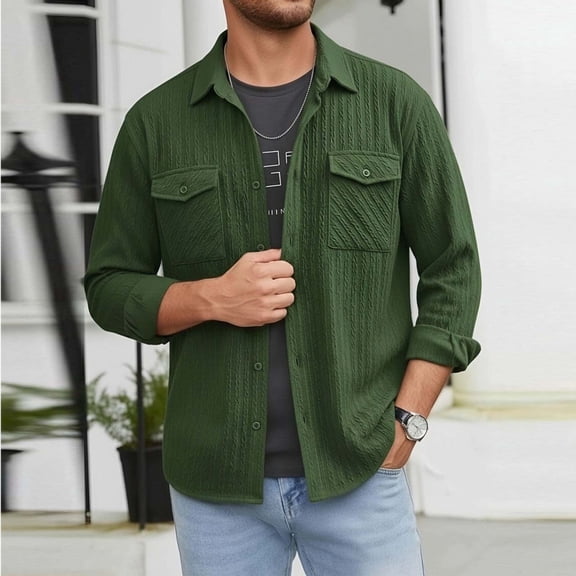 DPTALR Men's Casual Solid Color Turndown Collar Long Sleeve Shirt with Pockets,Green,Big and Tall Men XL