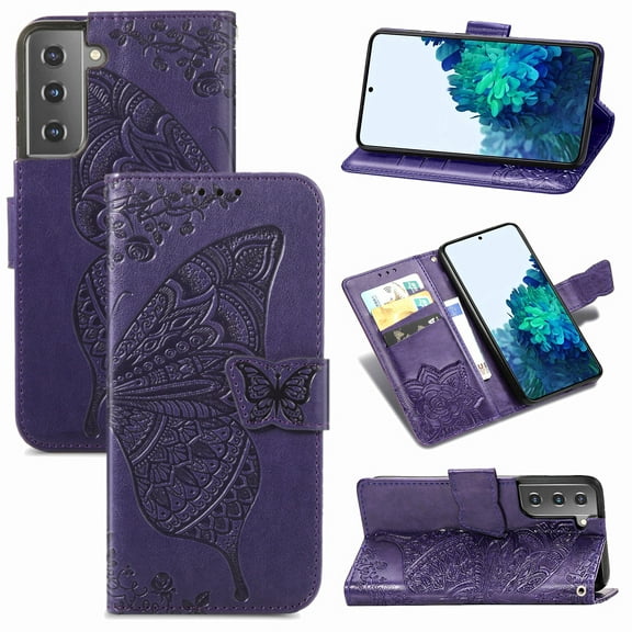 Samsung Galaxy S22 5G Case, Butterfly Embossed Flip Folio Wallet Case Magnetic Closure RFID Blocking Card Slots Kickstand Shockproof Stand Case for Samsung Galaxy S22 5G 6.1 inch,Purple