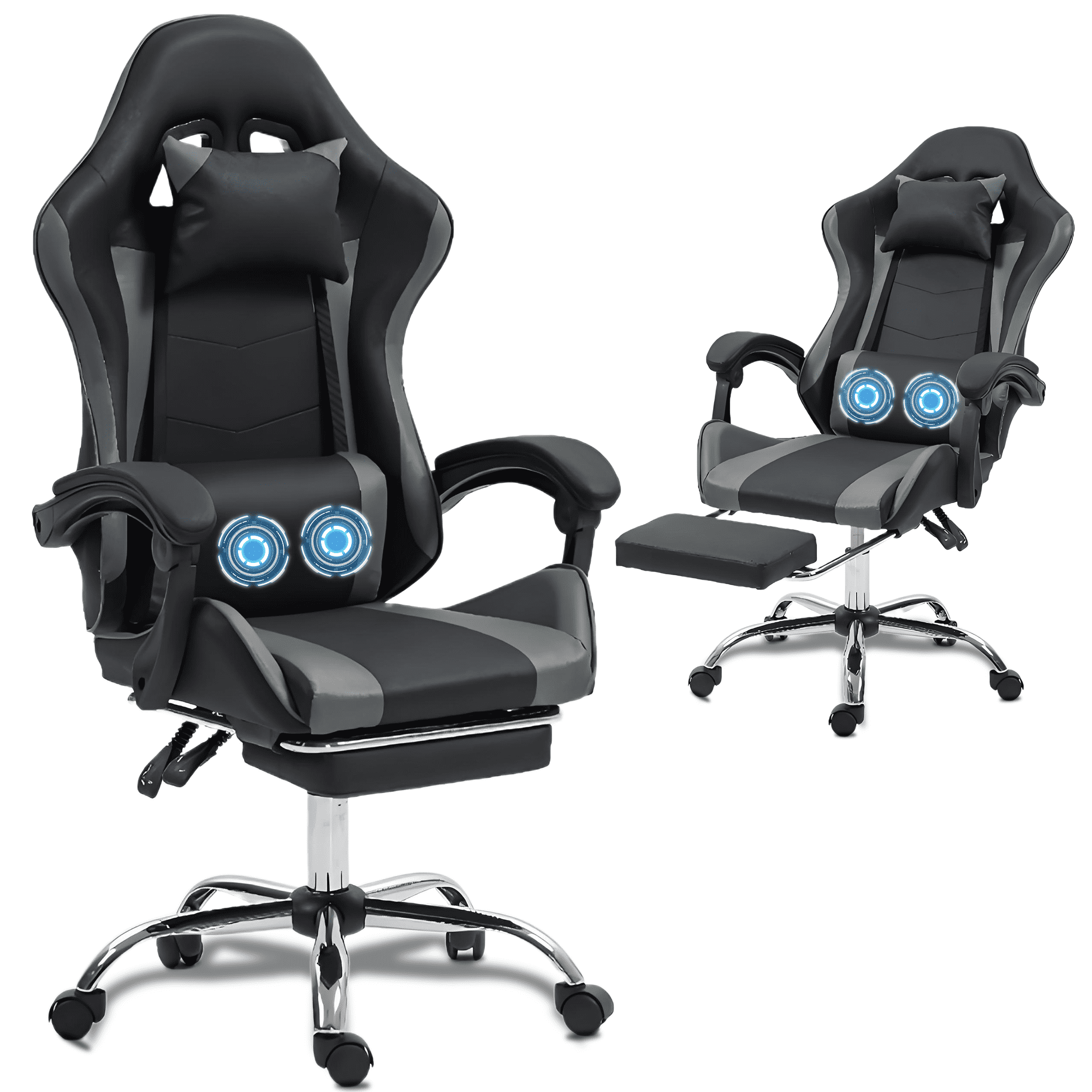 DELMANGO Gaming Chair Ergonomic Office Chair with Massage Lumbar Support, Adjustable Headrest & Footrest, 90-135° Recline & 360° Swivel, Grey
