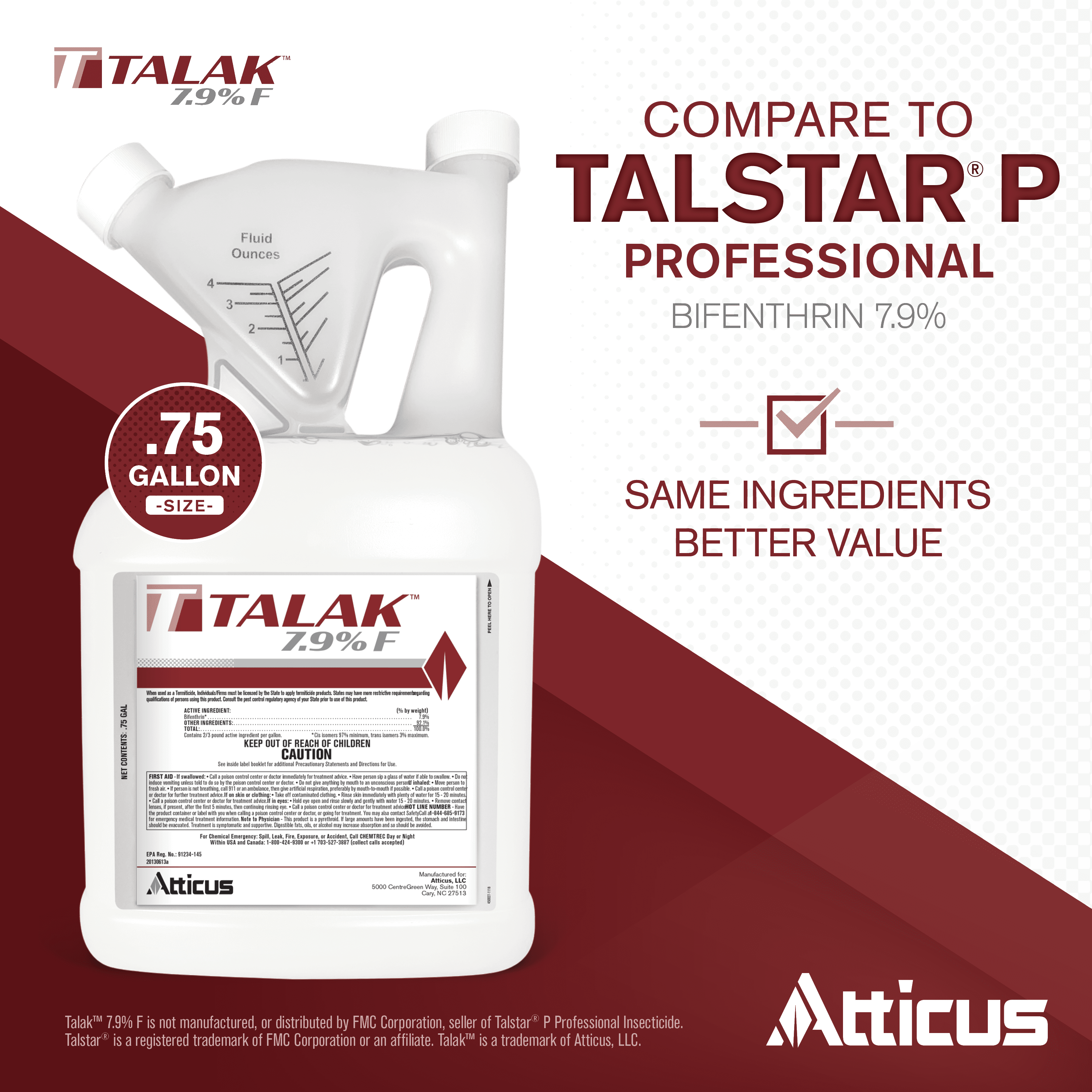 Talak 7.9 F Bifenthrin Insecticide Concentrate (96 oz) - (Compare to Talstar) – Indoor and Outdoor Insect Control - by Atticus
