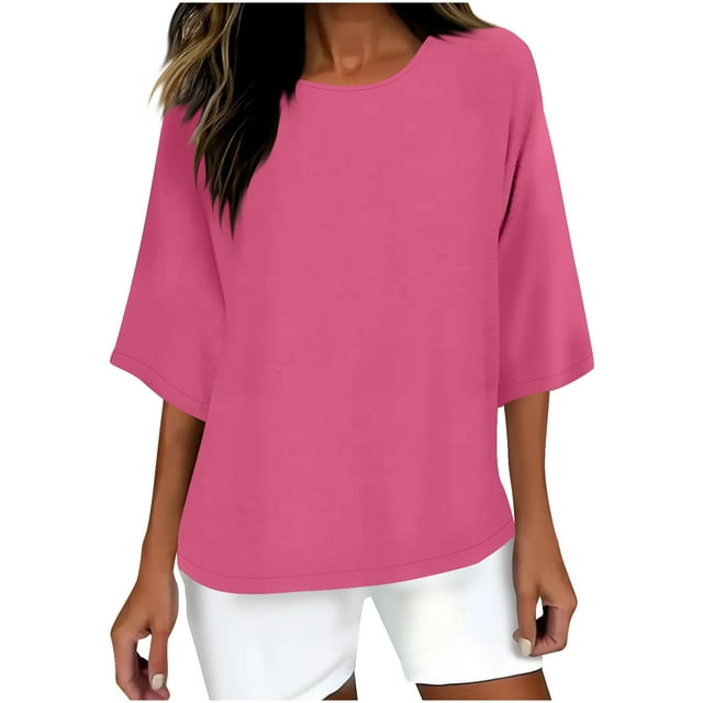 Liquidation d'Été Staron Hauts d'Été Amples pour Femmes Grande Taille en Lin Col Rond Manches 3/4 Tunique de Travail Décontractée T-Shirts