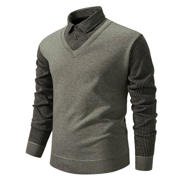 Iugvhana Mens Casual Slim Fit Pullover Sweaters Knitted Tops Lightweight Long-sleeve Basic Designed Fake Two Sweater Beige XXL