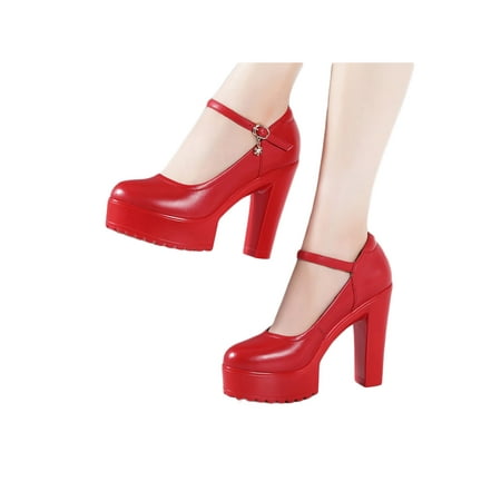 

SIMANLAN Ladies Work Shoes Buckle Pumps Ankle Strap High Heels Women Anti-Slip Shoe Womens Chunky Platform Dress Pump Red 12CM 8