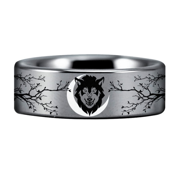 Tungsten Carbide Wolf and Trees Ring