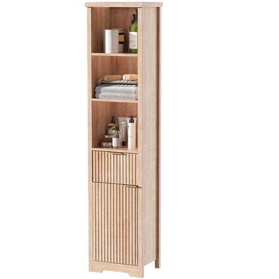 SEPTBOT Narrow Bathroom Storage Cabinet, 68āā Slim Tall Fluted Storage Cabinet with Adjustable Shelves & Drawer for Bathroom, Kitchen, Living Room, Entryway, Natural Oak