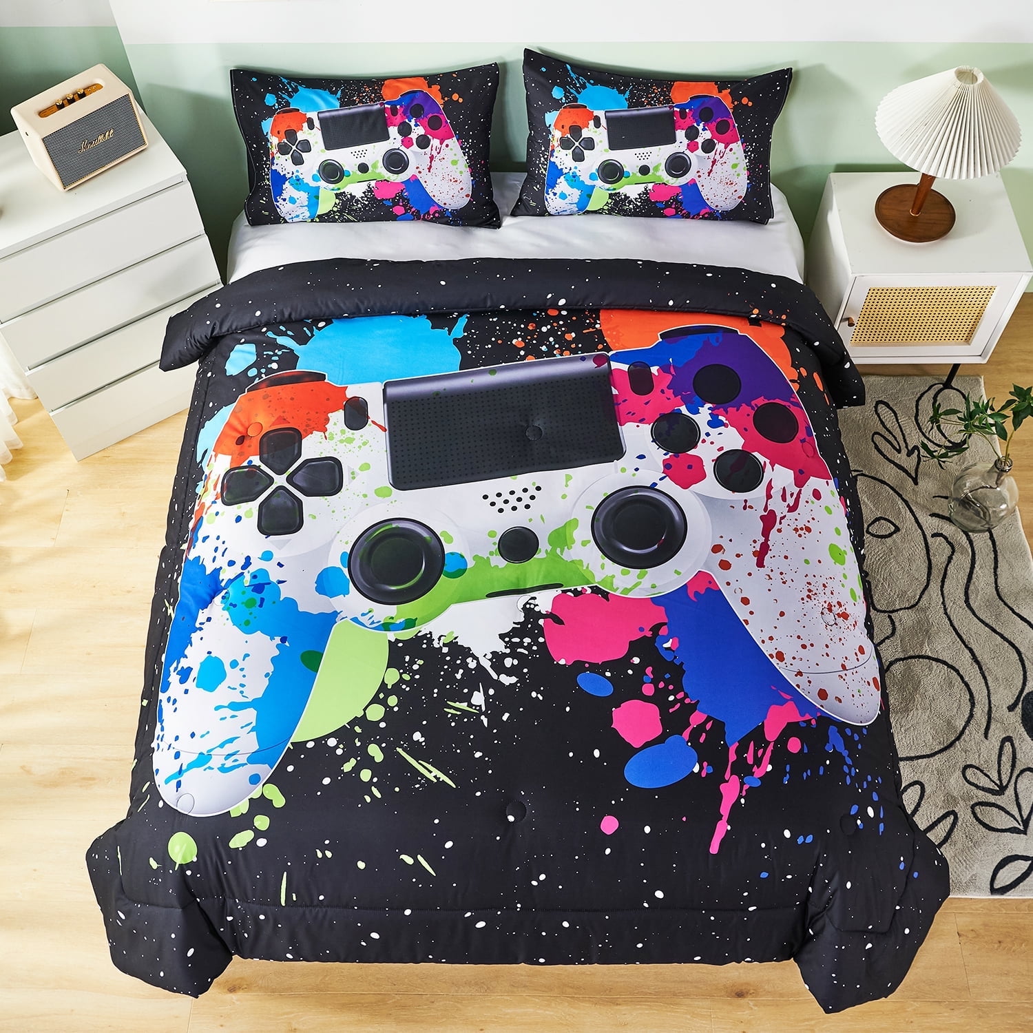 PERFEMET Full Size Boys Comforter Set 3Pcs Gaming Bedding Set for Men Kids Teens Colorful Game Console Button Print Quilt Set-for All Seasons (Colorful, Full)