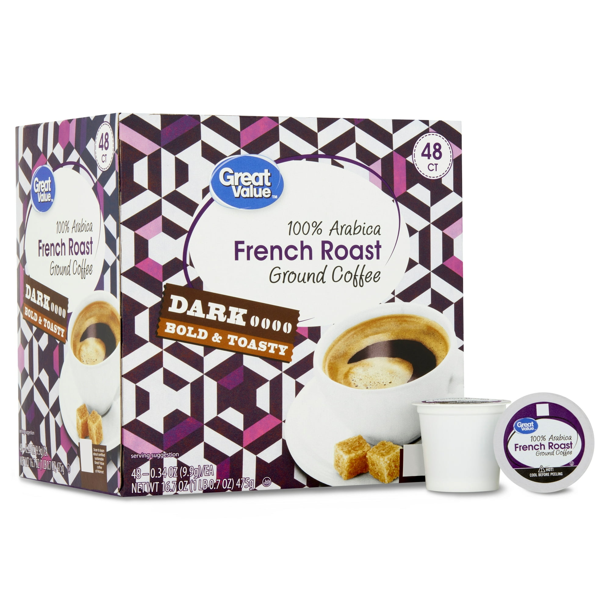Great Value 100% Arabica French Dark Roast Ground Coffee Pods, 48 Count