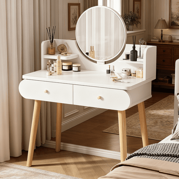 SHIBAILI White Makeup Corner Vanity Desk with Mirror,2 Drawers & Dual Open Shelves,Gift for Girls and Women