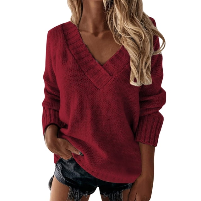 Kcodviy Chandail Décontracté pour Femmes, Couleur Unie, Manches Longues, Col en V